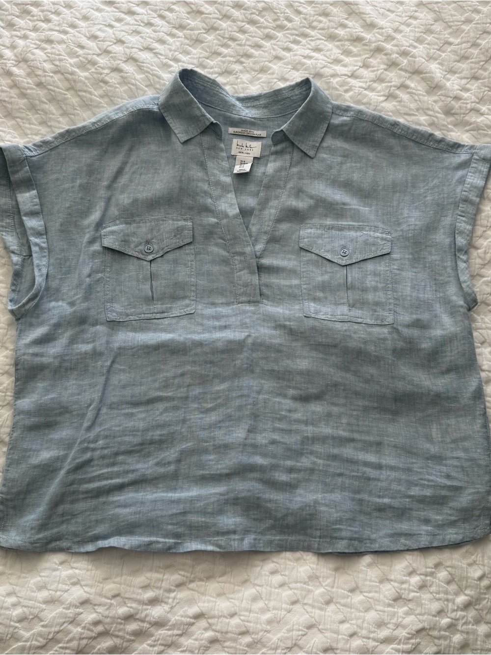 Nicole Miller Pale Blue Linen Split V-Neck Boxy Blouse